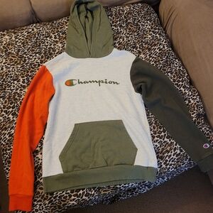 Champion Tri-Color Hoodie in Olive, Orange, and Gray
